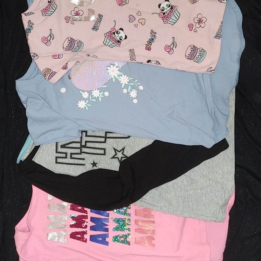 4 girls shirts - pink, black, blue size 7